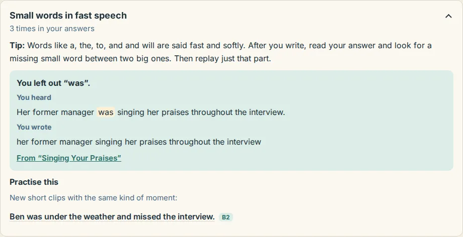 The top pattern in the writing coach: its name, how often it happened, a tip, a real example and practice clips