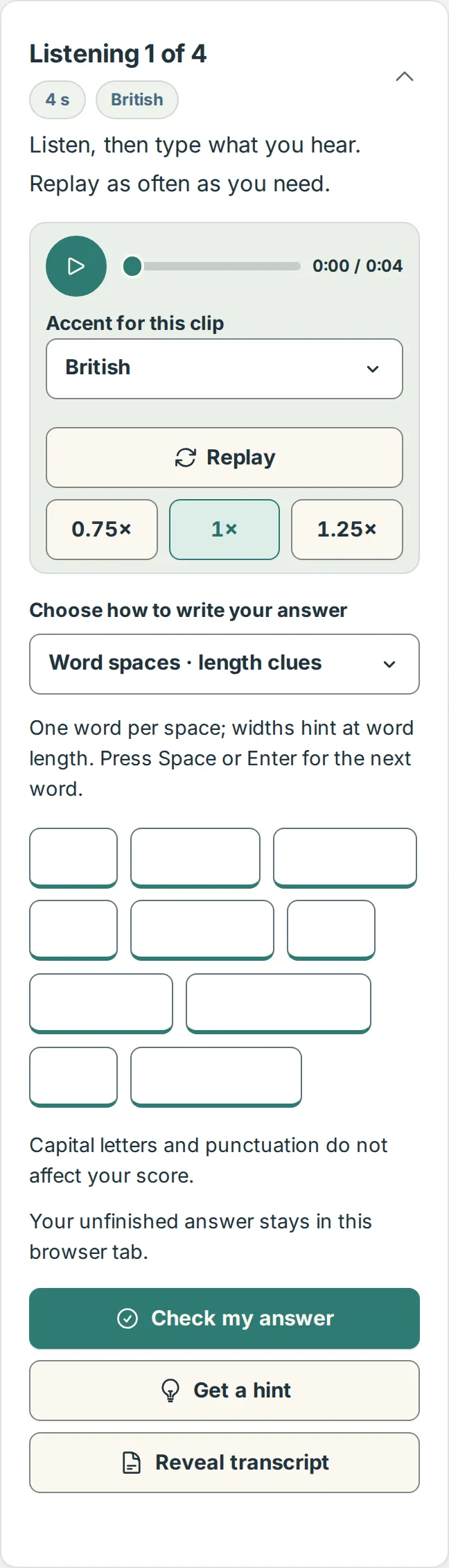 A lesson's Practice tab on a phone: the player above the first clip's word boxes and the Check my answer button