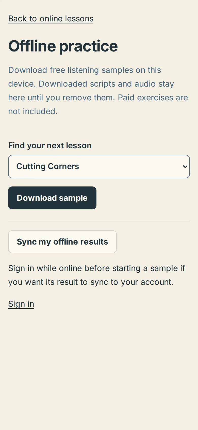 The Practice offline page on a phone with the lesson menu and the Download sample button