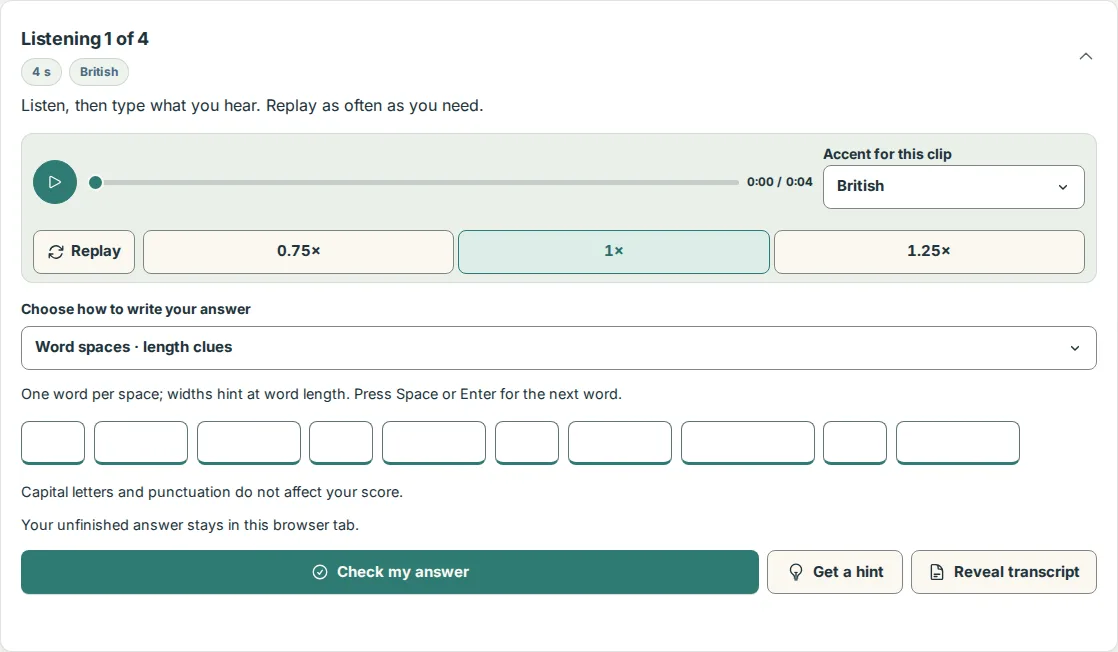 The first clip with the player, the word boxes for the answer, Check my answer, Get a hint and Reveal transcript