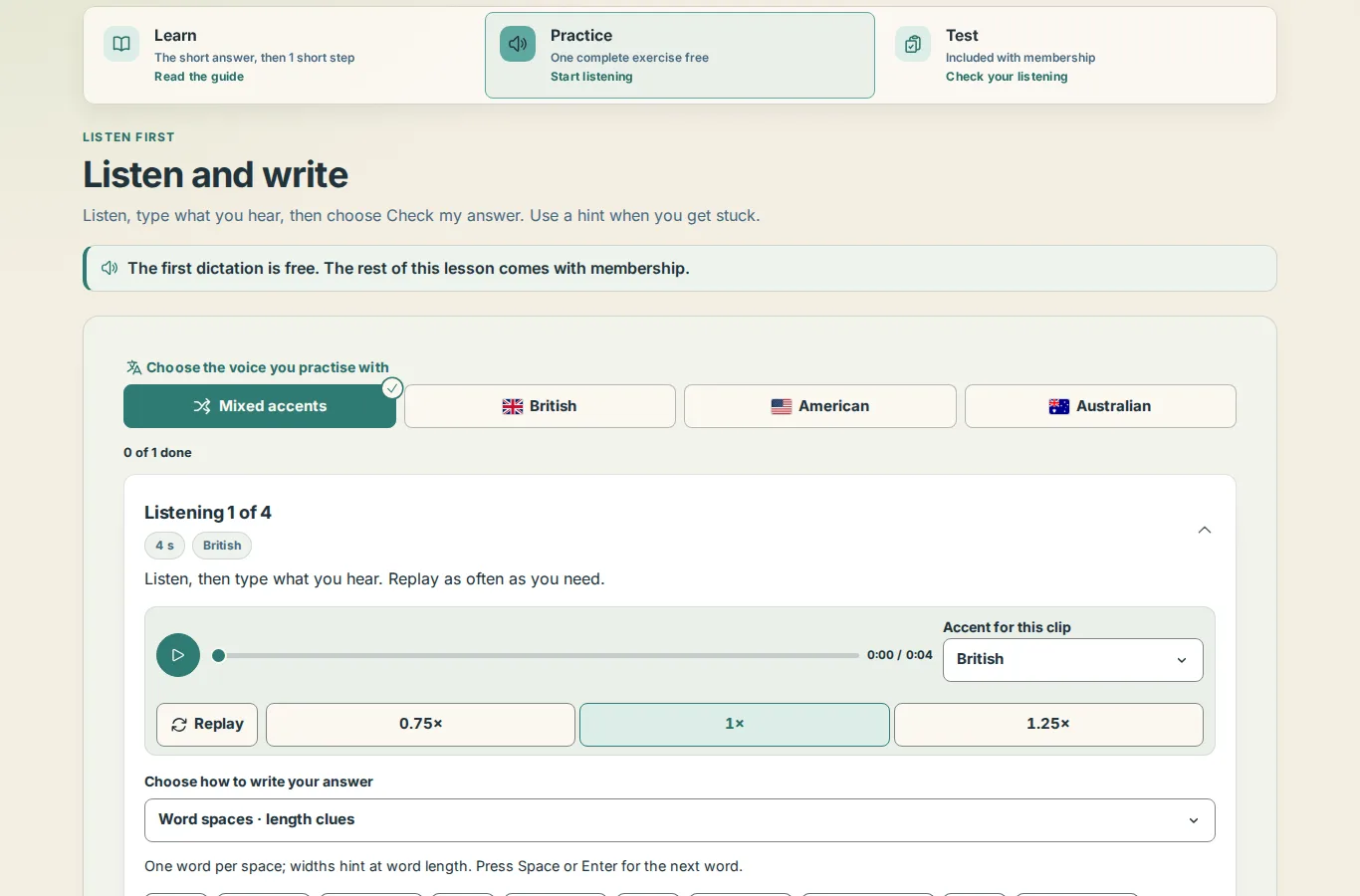 A lesson's Practice tab: the Learn, Practice and Test tabs, then Listen and write with the accent choice and the first clip