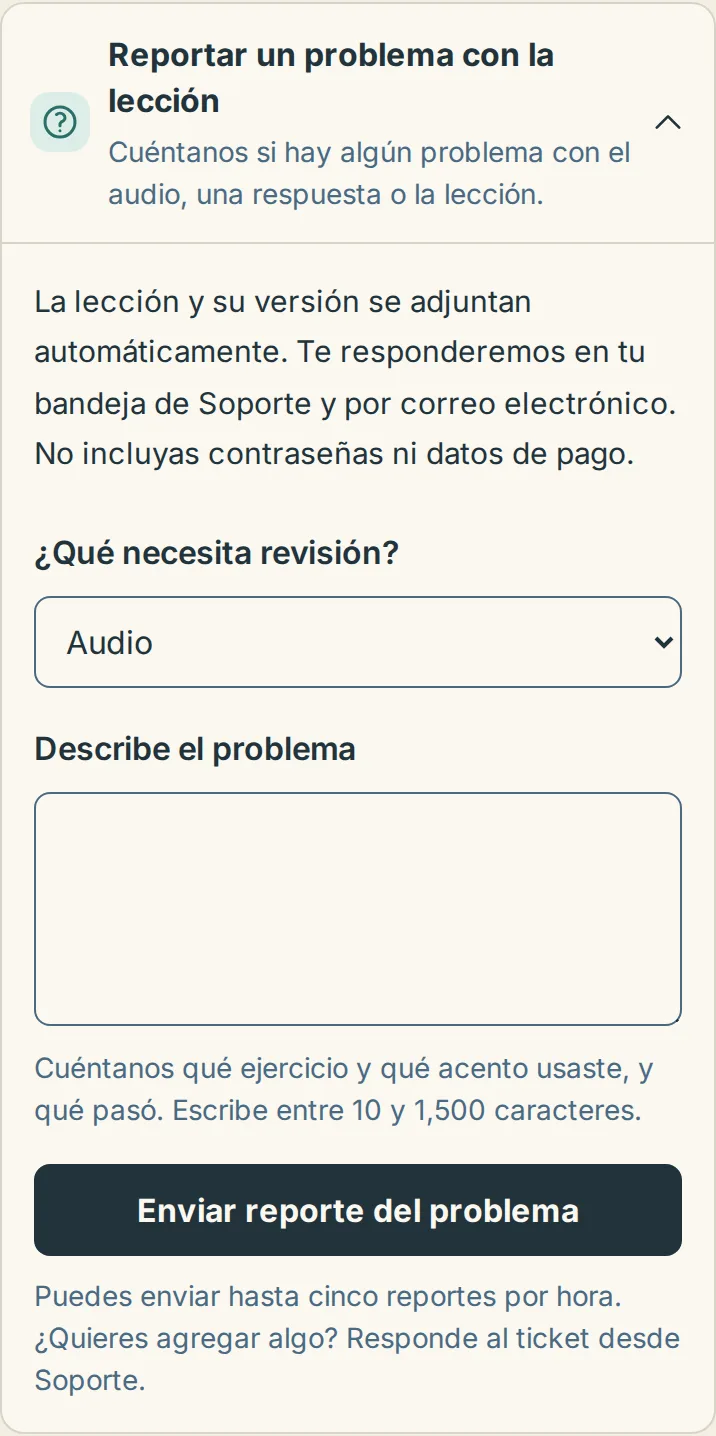 El panel Reportar un problema con la lección abierto debajo de una lección en un celular, con el menú Qué necesita atención