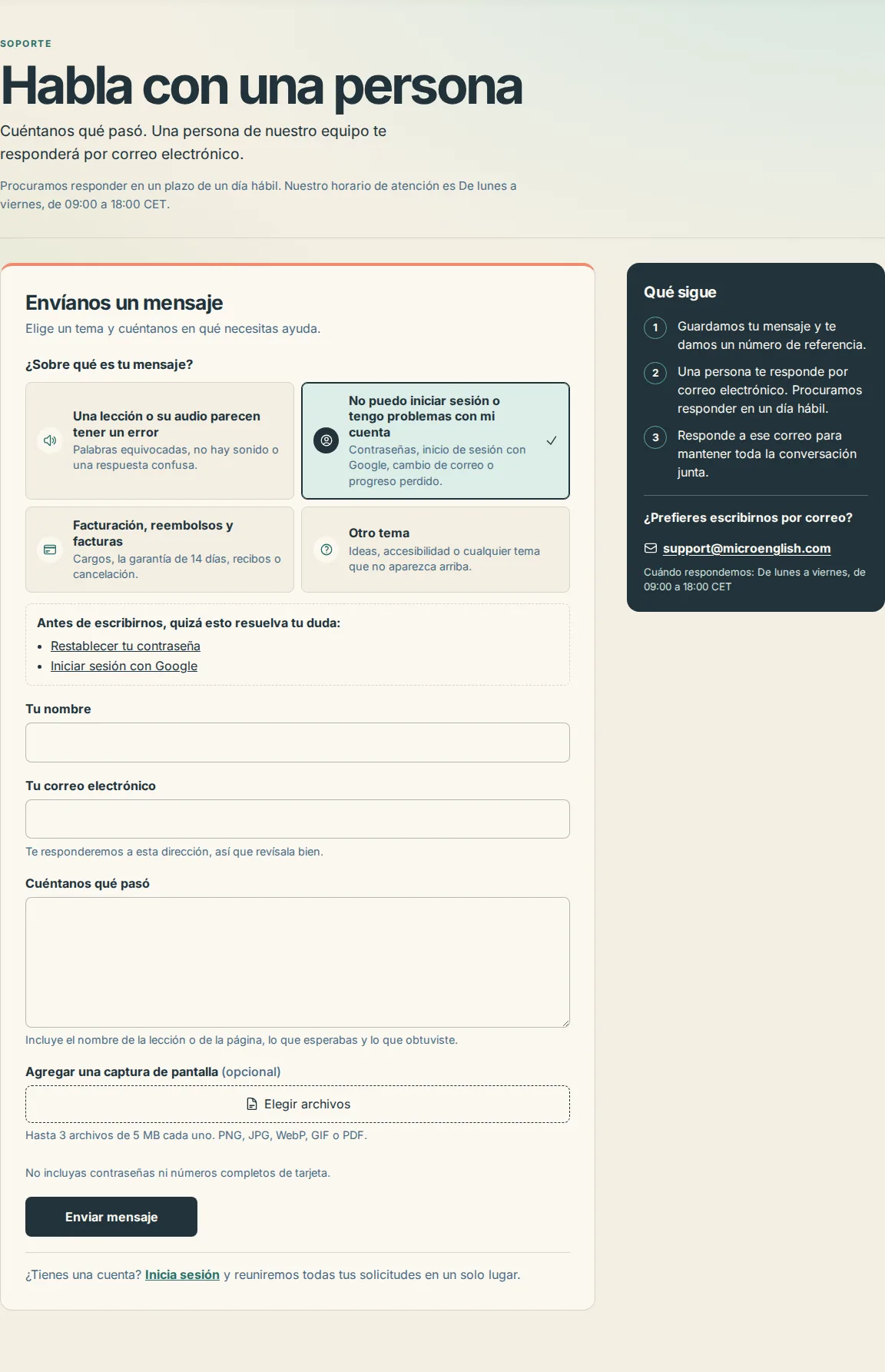 Las tarjetas de «¿Sobre qué quieres escribirnos?» en la página de contacto, con la tarjeta de cuenta seleccionada, sobre los artículos sugeridos