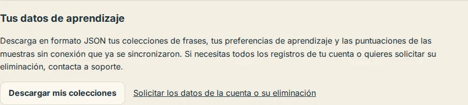 La sección Tus datos de aprendizaje en Ajustes con el botón Descargar mis colecciones y el enlace para solicitar datos