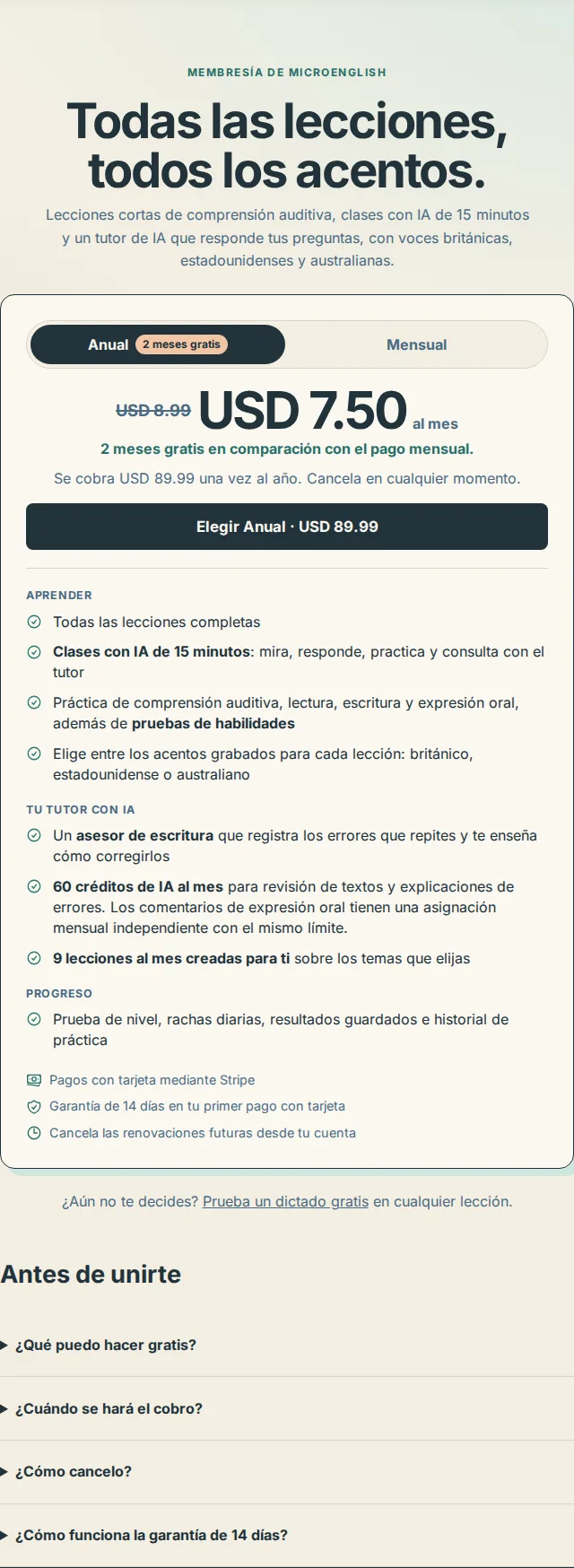 Ejemplo de las tarjetas de membresía en la página de precios; consulta la página vigente para ver tu oferta