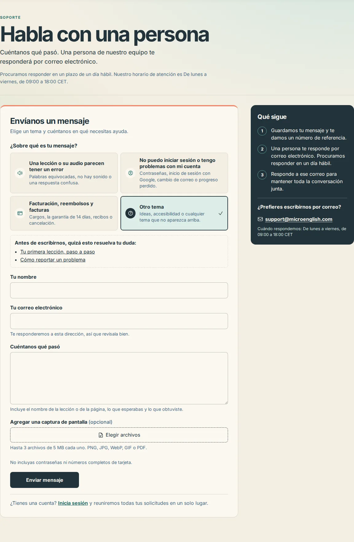 Las cuatro tarjetas de motivo de la página de contacto, con la tarjeta Otro tema seleccionada