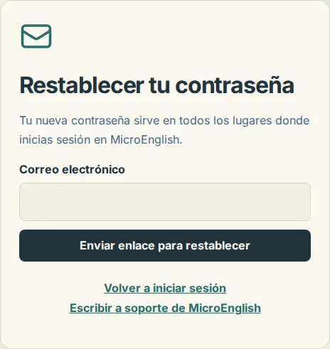 La página para restablecer tu contraseña con el campo de correo electrónico y el botón Enviar enlace para restablecer