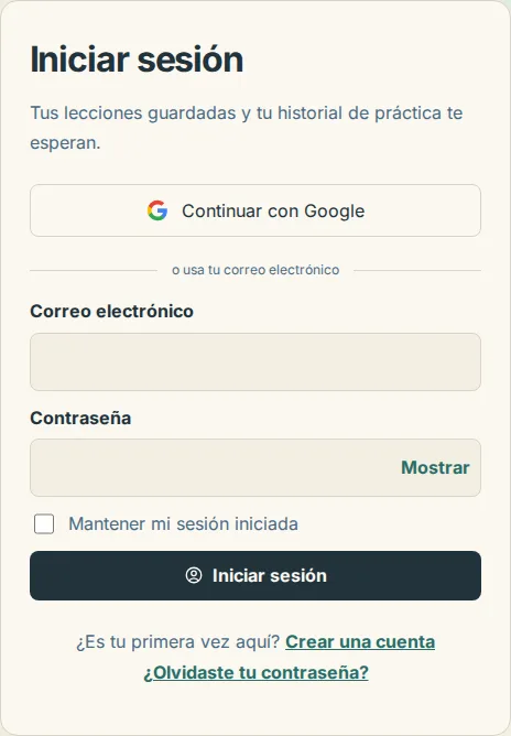 La página de inicio de sesión con Continuar con Google sobre los campos de correo electrónico y contraseña