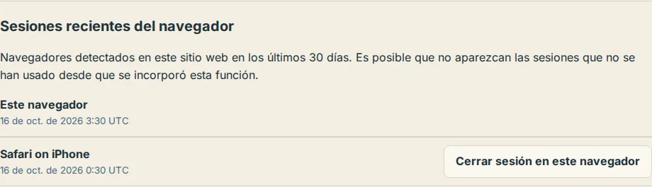 La lista de sesiones recientes del navegador en Ajustes, con Este navegador arriba y Cerrar sesión en este navegador junto a otra entrada