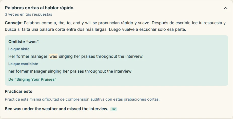 El patrón principal del tutor de escritura: su nombre, con qué frecuencia ocurrió, un consejo, un ejemplo real y clips de práctica