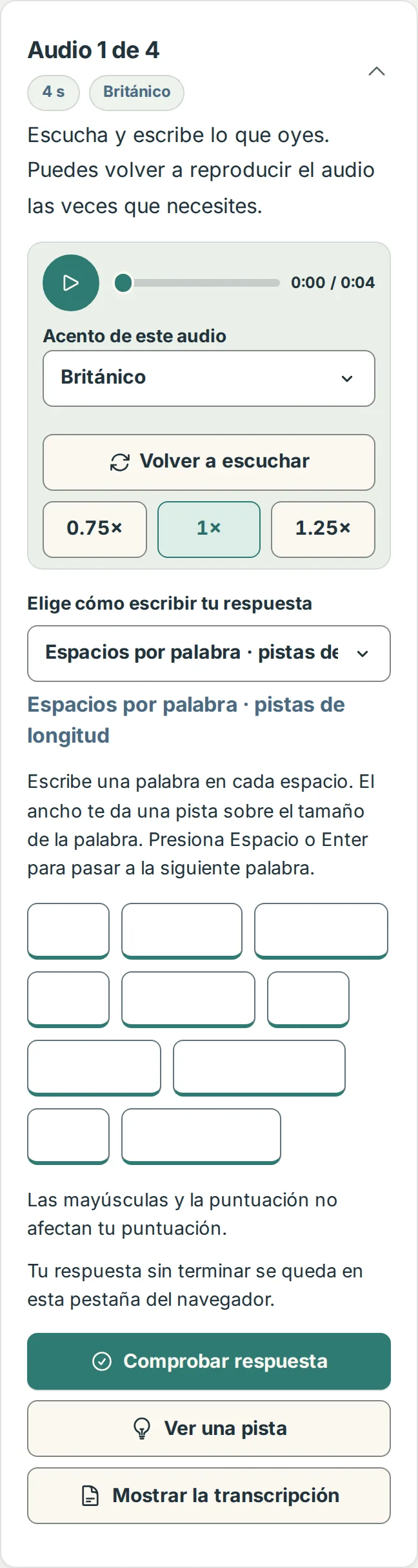 Pestaña Práctica de una lección en un celular: el reproductor arriba de las casillas de palabras del primer fragmento y el botón Comprobar respuesta