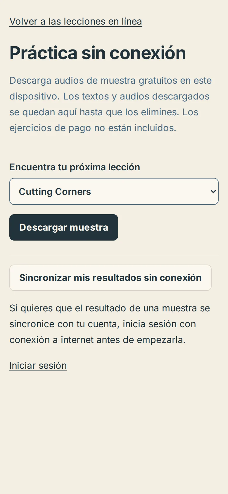 La página Práctica sin conexión en un celular con el menú de lecciones y el botón Descargar muestra