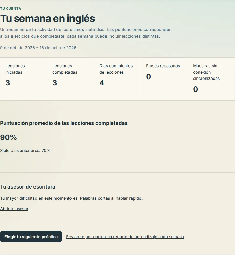 La página del informe semanal con el rango de fechas, los cinco recuentos y la puntuación promedio completada con los siete días anteriores debajo
