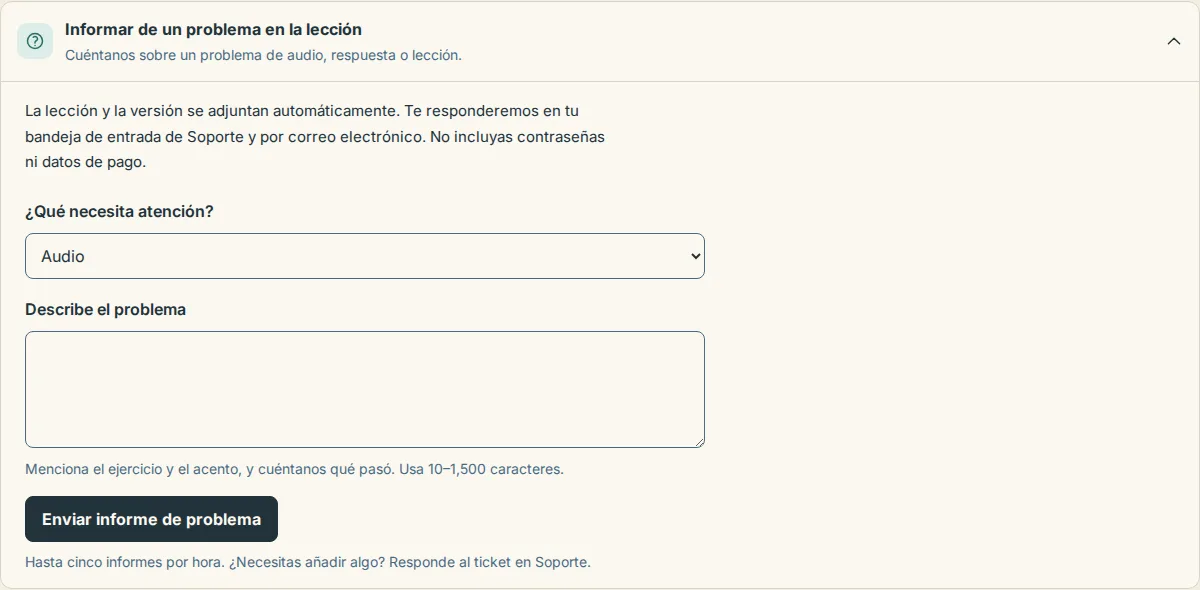 El panel «Informar de un problema en la lección» abierto debajo de una lección, con el menú «¿Qué necesita atención?» y el cuadro «Describe el problema»