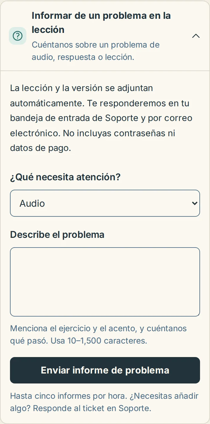 El panel de Informar de un problema en la lección abierto debajo de una lección en un teléfono, con el menú ¿Qué necesita atención?