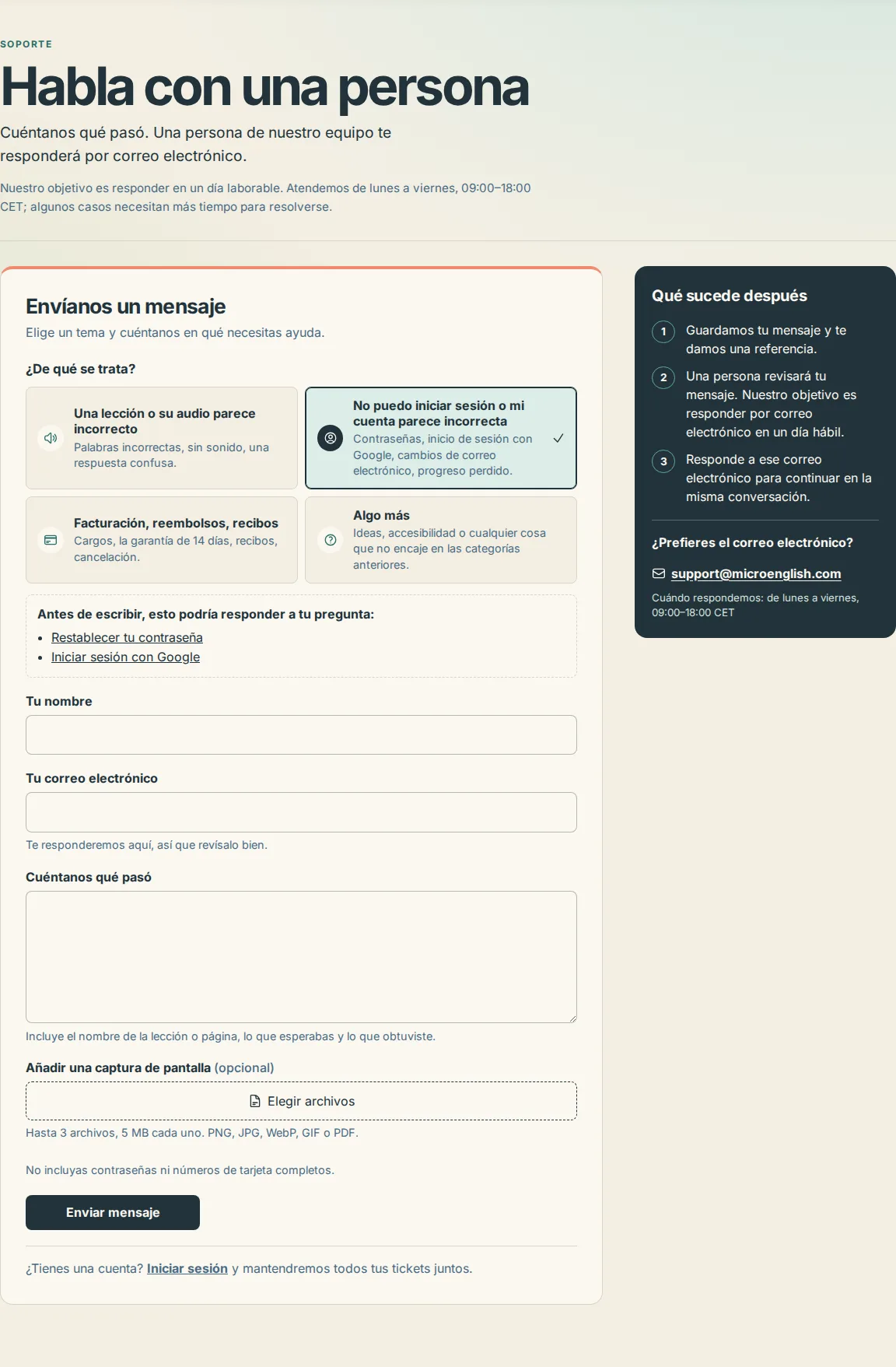 Las tarjetas «¿De qué se trata?» de la página de contacto con la tarjeta de cuenta seleccionada, encima de los artículos sugeridos