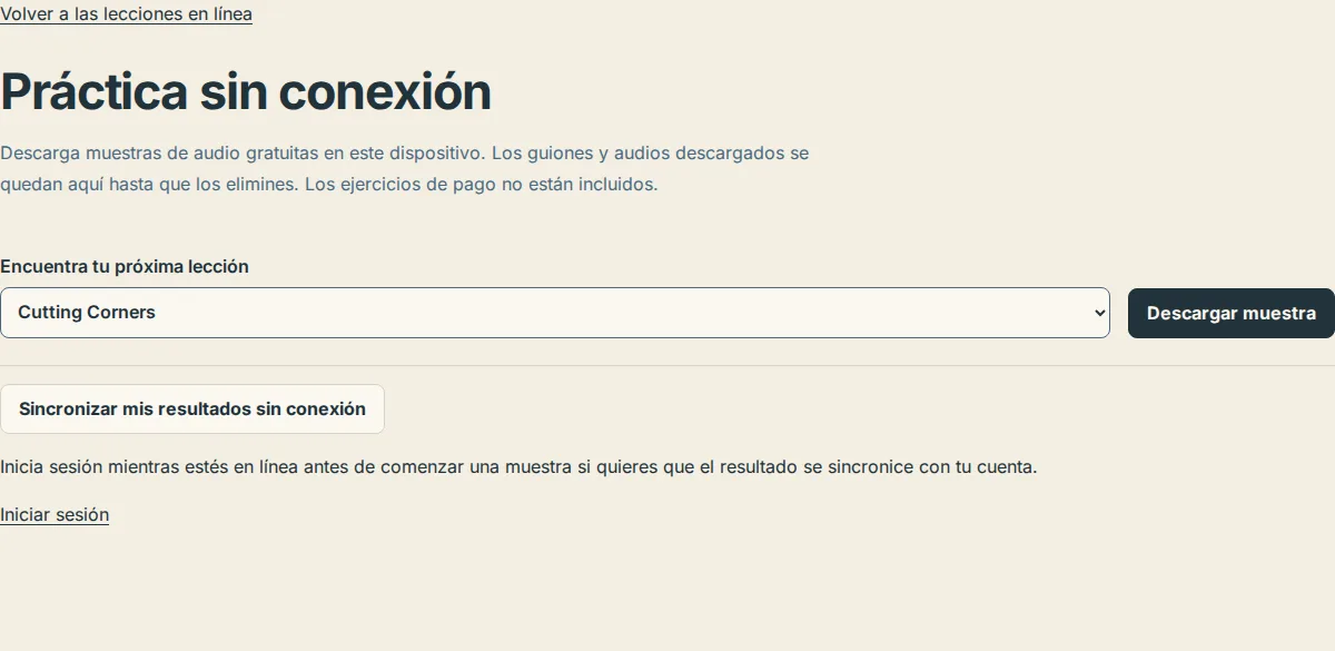 La página de Práctica sin conexión con la lista de lecciones y el botón Descargar muestra, antes de que se descargue ninguna muestra