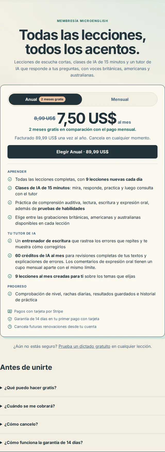Página de precios con las opciones de pago mensual y anual y las condiciones del plan