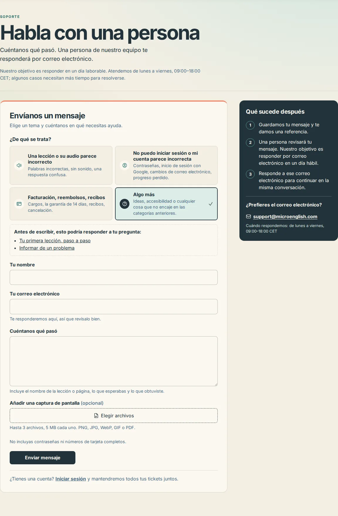 Las cuatro tarjetas de ¿De qué se trata? de la página de contacto, con Algo más seleccionado