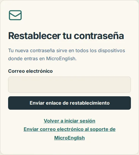La página de restablecimiento de contraseña con el campo de correo electrónico y el botón Enviar enlace de restablecimiento