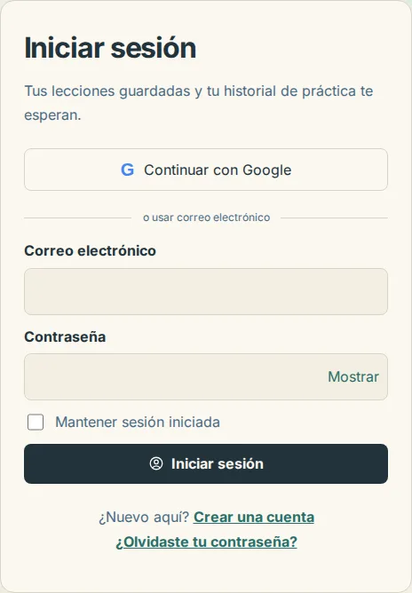 La página de inicio de sesión con Continuar con Google encima de los campos de correo electrónico y contraseña