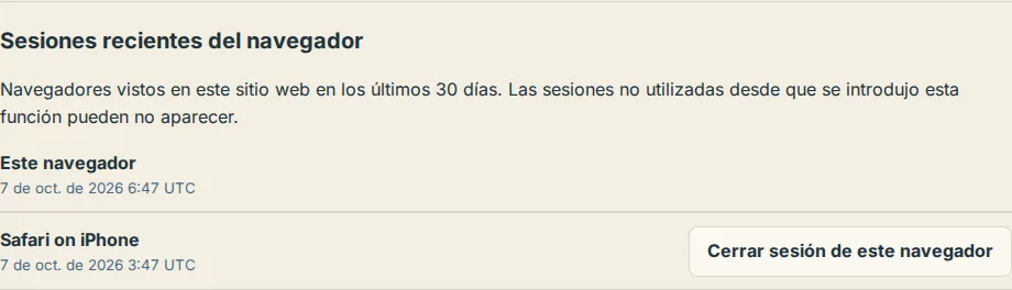 La lista de sesiones recientes del navegador en Ajustes, con Este navegador en la parte superior y Cerrar sesión de este navegador junto a otra entrada