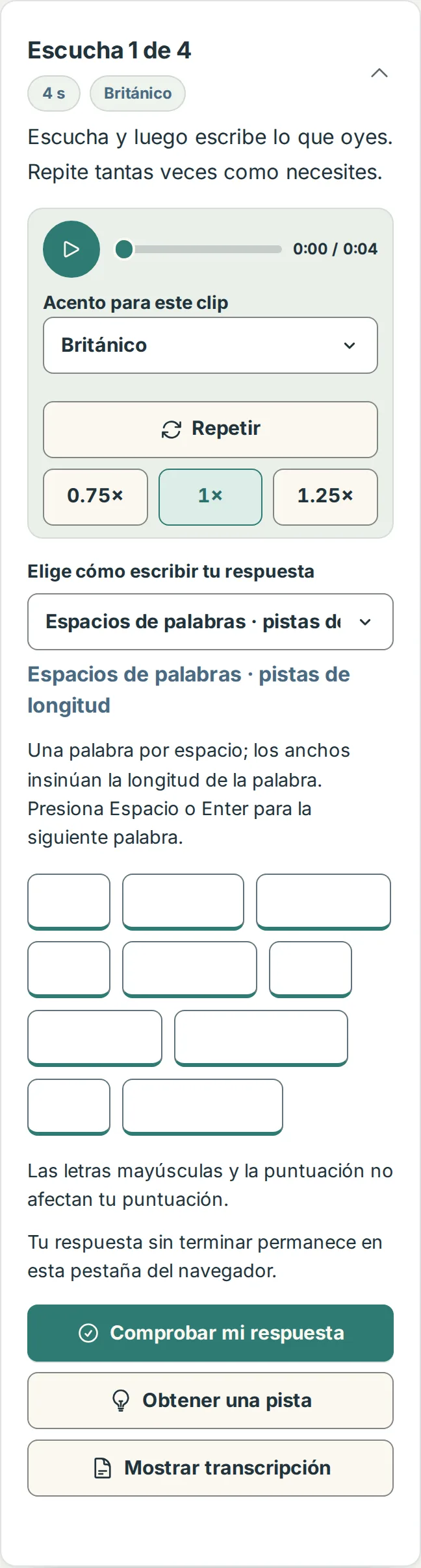 La pestaña Practicar de una lección en un teléfono: el reproductor encima de los cuadros de palabras del primer clip y el botón Comprobar mi respuesta