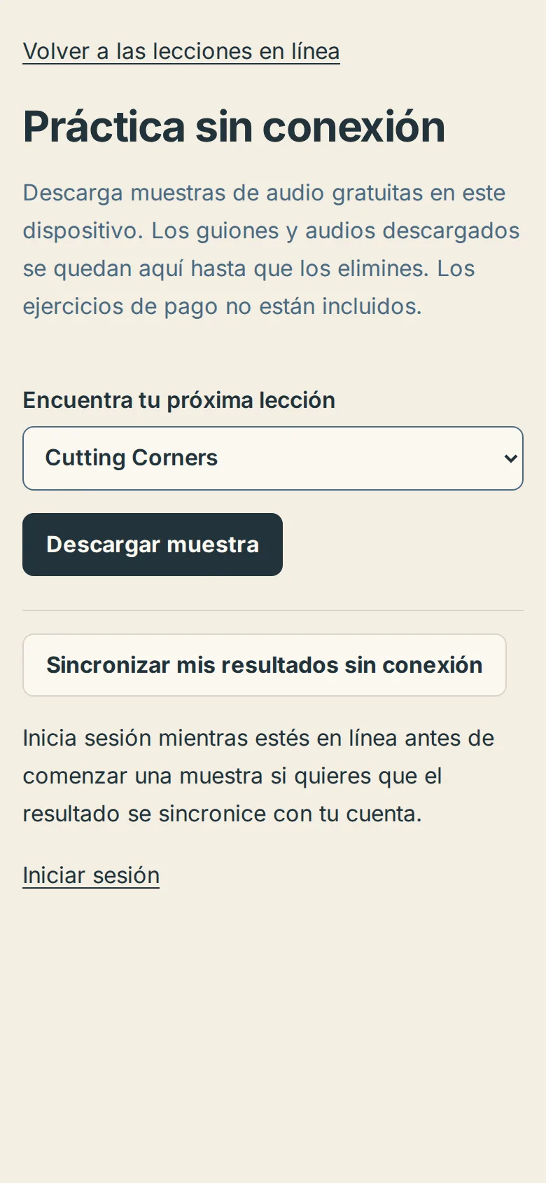 La página de Práctica sin conexión en un teléfono con el menú de lecciones y el botón Descargar muestra