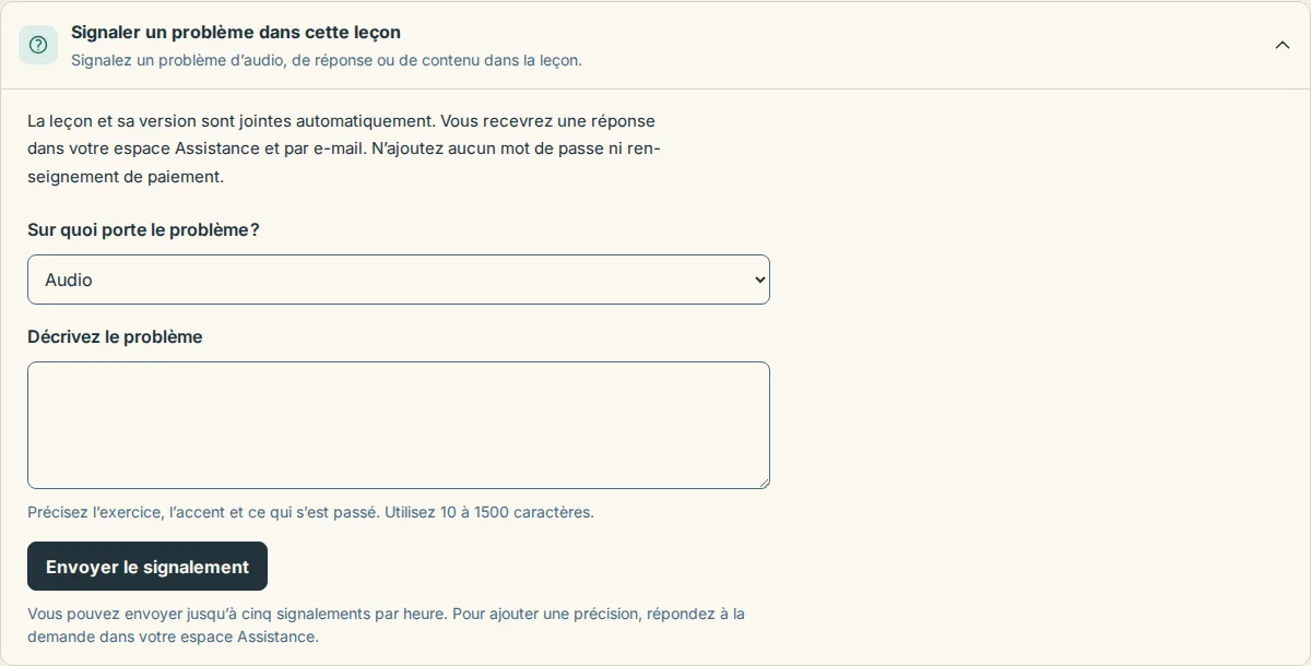 Le formulaire de signalement ouvert sous une leçon, avec le choix du type de problème et le champ de description
