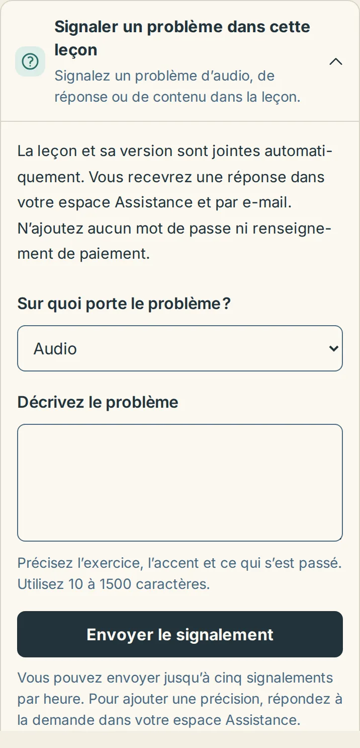 Le formulaire de signalement ouvert sous une leçon sur téléphone, avec le menu de choix du problème