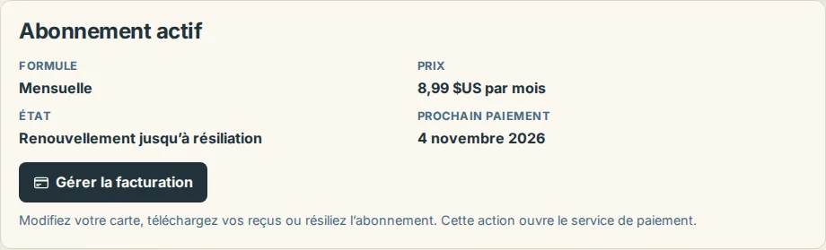 La carte d’abonnement sur la page de facturation, avec la formule, le prix, l’état et le bouton Gérer la facturation