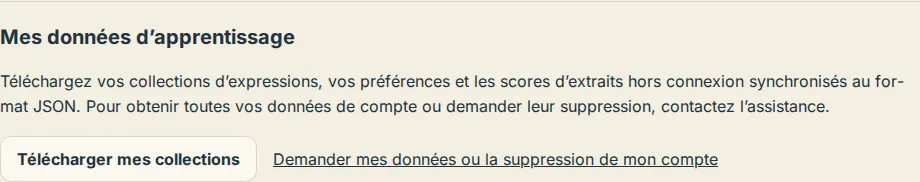 La section Mes données d’apprentissage dans les paramètres, avec le bouton de téléchargement des collections et le lien de demande de données