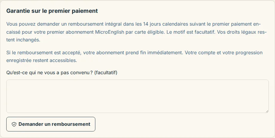 La section Garantie sur le premier paiement avec le bouton de demande de remboursement pendant la période d’admissibilité