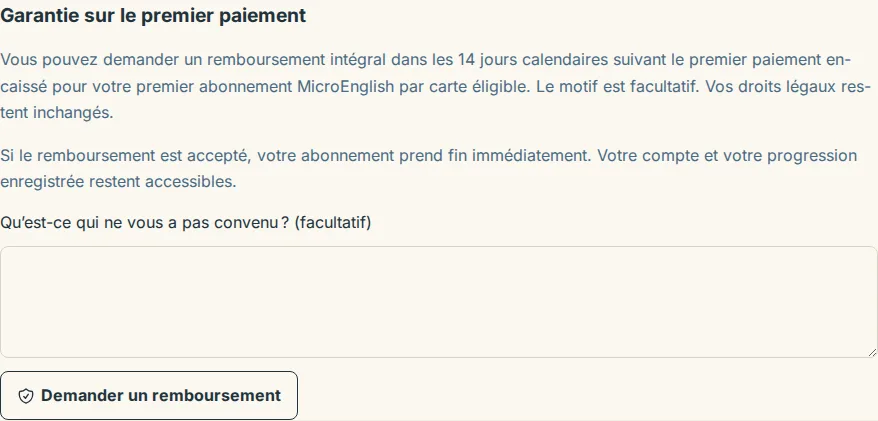 Le formulaire de garantie sur le premier paiement avec le motif facultatif et le bouton Demander un remboursement
