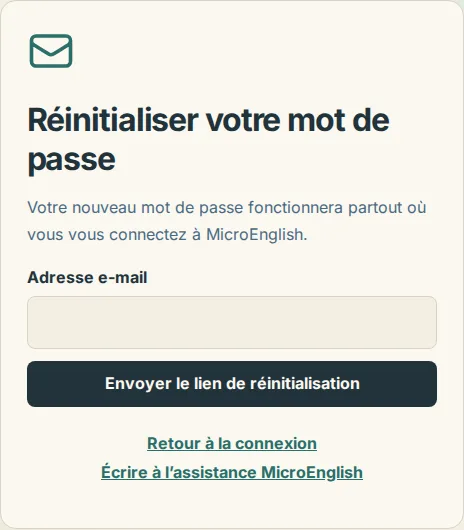La page de réinitialisation du mot de passe avec le champ d’adresse e-mail et le bouton d’envoi du lien