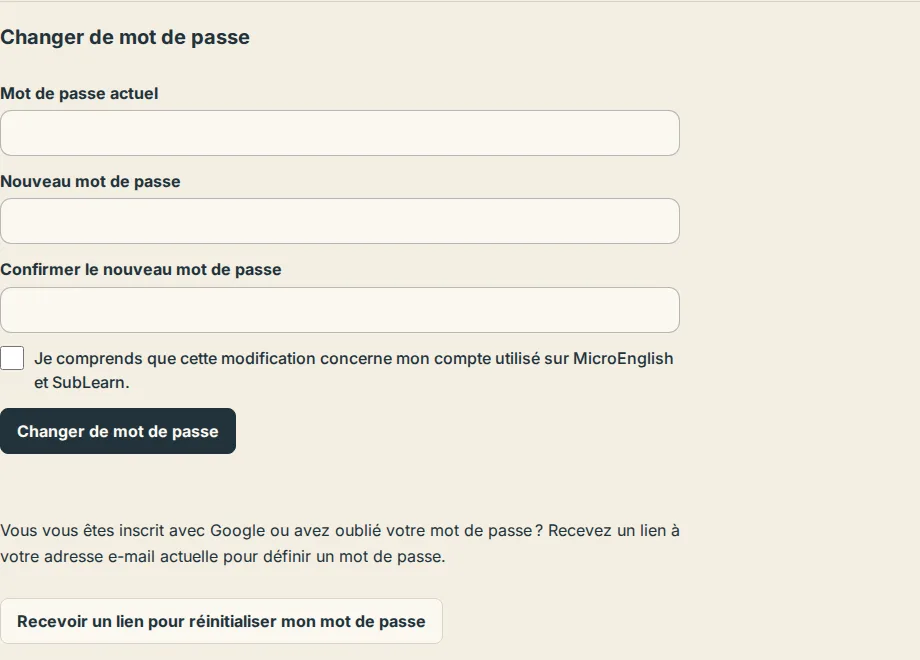 La section Changer de mot de passe dans les paramètres, avec le bouton permettant de recevoir un lien de réinitialisation