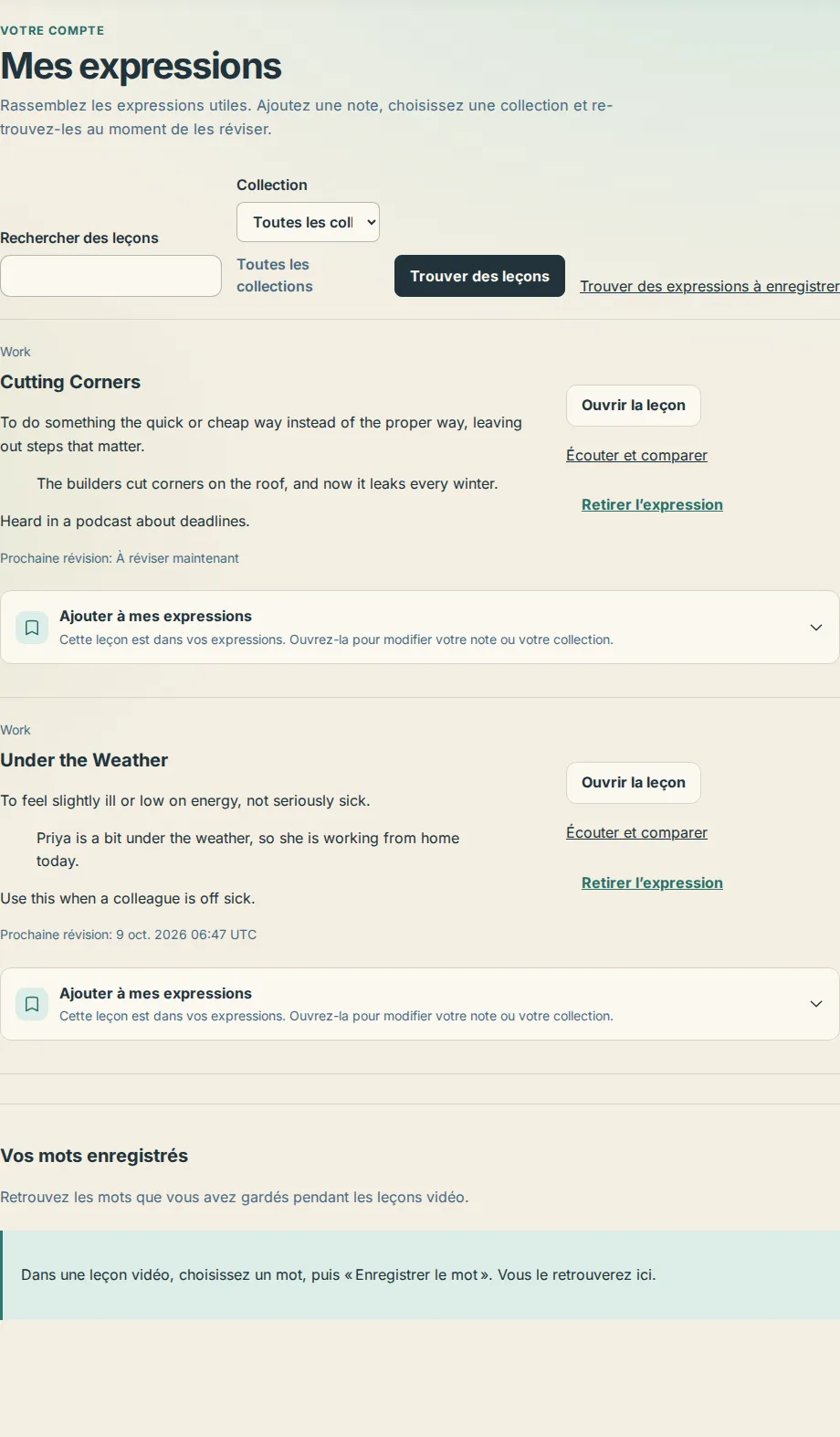 La page Mes expressions, avec la recherche, le filtre de collection, les notes et les prochaines dates de révision