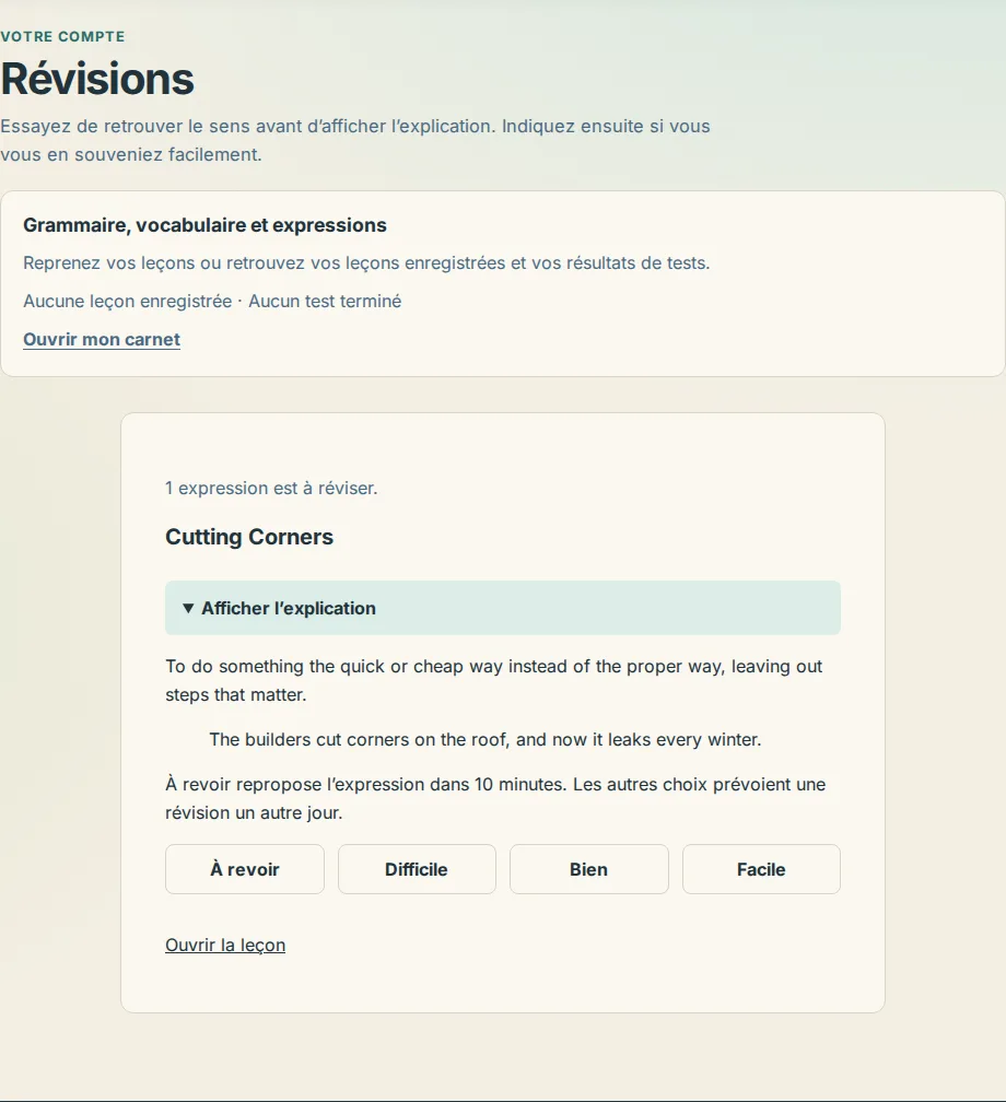 Une fiche de révision ouverte, avec l’expression, l’explication, l’exemple et les choix À revoir, Difficile, Bien et Facile
