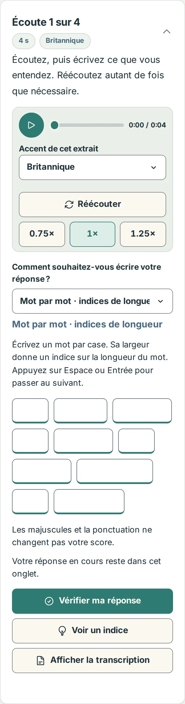 L’onglet S’entraîner sur téléphone, avec le lecteur au-dessus des cases de réponse et du bouton Vérifier ma réponse