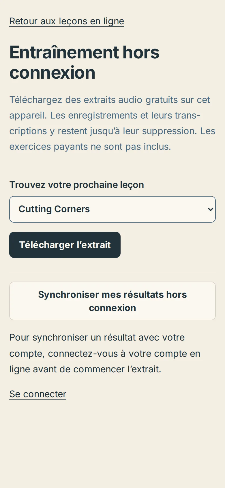 La page Entraînement hors connexion sur téléphone, avec le choix de leçon et le bouton Télécharger l’extrait