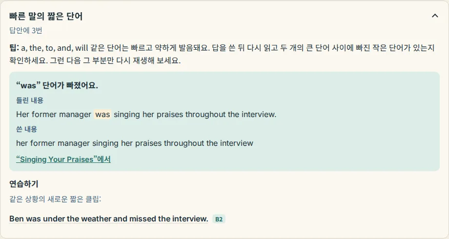 받아쓰기 코치가 알려 주는 주요 실수: 이름, 발생 횟수, 팁, 실제 예시, 연습 클립