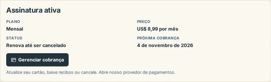 O cartão do plano na página de Cobrança mostrando o plano, preço, status e o botão Gerenciar cobrança