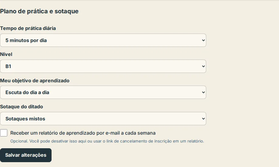 Configurações, a seção Plano de prática e sotaque com o menu Sotaque do ditado