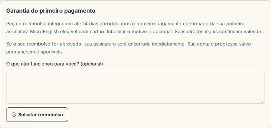 O bloco de garantia do primeiro pagamento na página de Cobrança, com o botão Solicitar reembolso enquanto o primeiro pagamento ainda é elegível