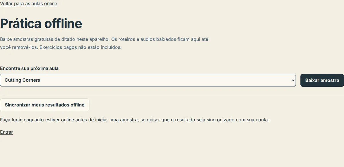 A página de prática offline com a lista de aulas e o botão Baixar amostra, antes de qualquer amostra ser baixada