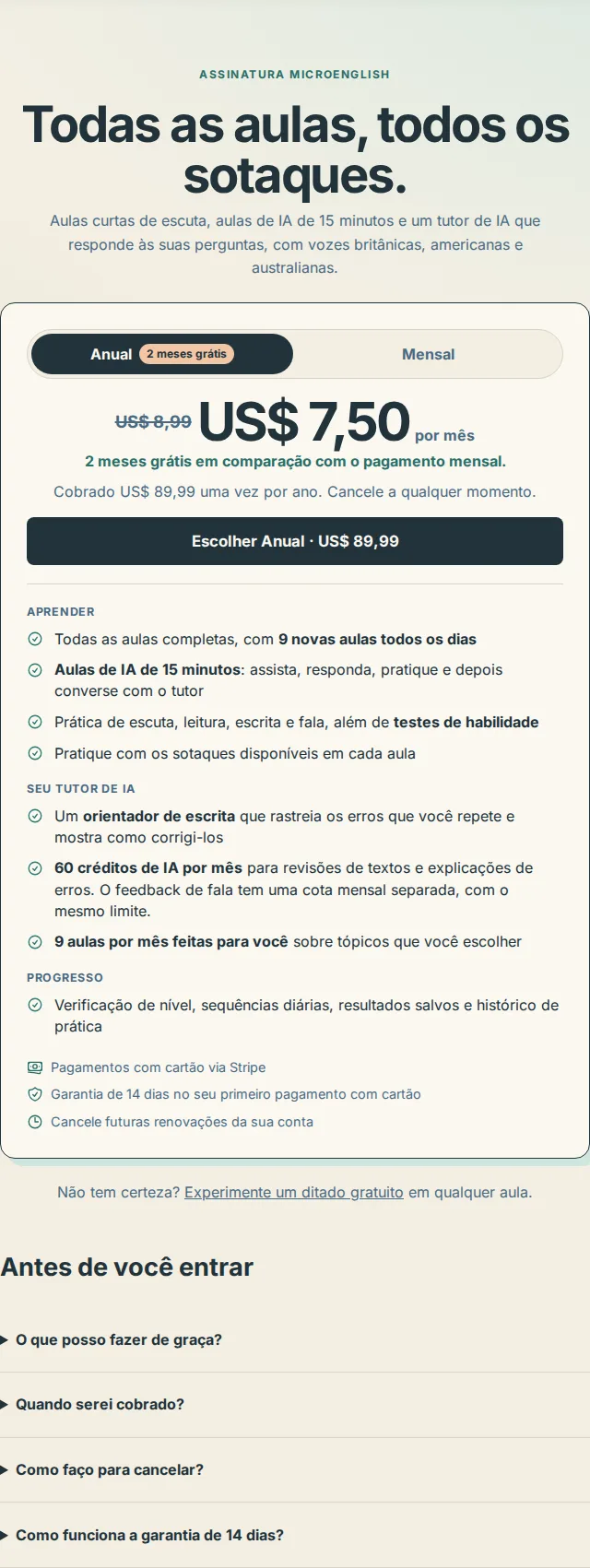 A página de preços com Anual selecionado, a opção Mensal e o cartão da oferta anual