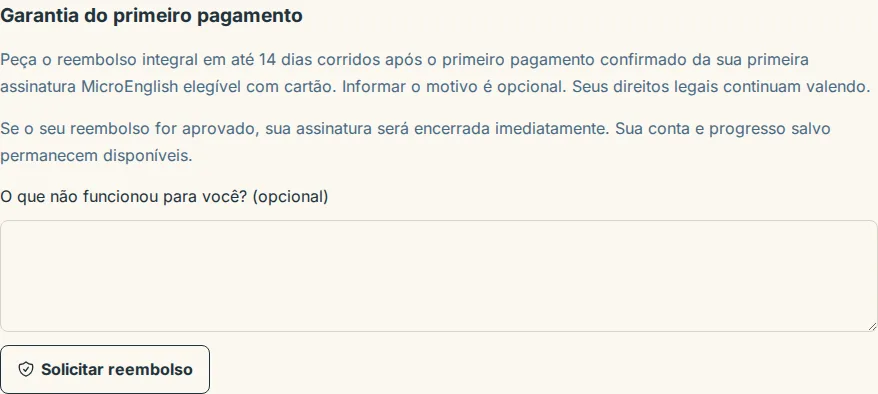 O bloco de garantia do primeiro pagamento na página de Cobrança com a caixa de motivo opcional e o botão Solicitar reembolso