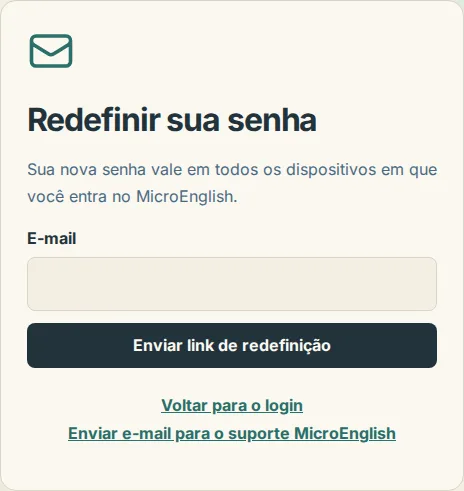 A página Redefinir sua senha com o campo de e-mail e o botão Enviar link de redefinição