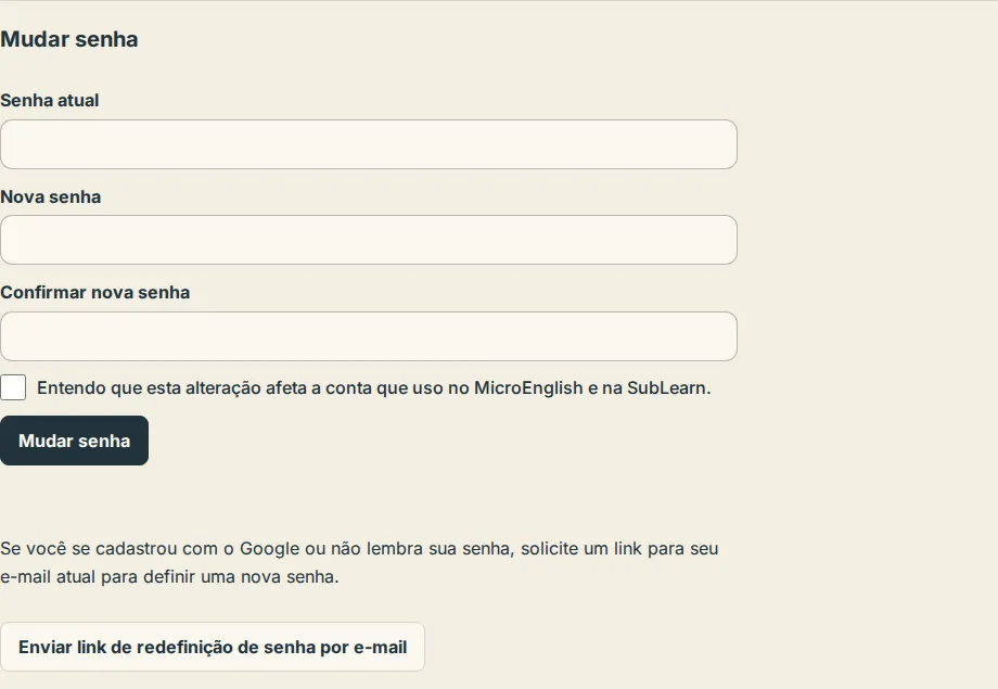 A seção Mudar senha em Configurações com o botão Enviar link de redefinição de senha por e-mail