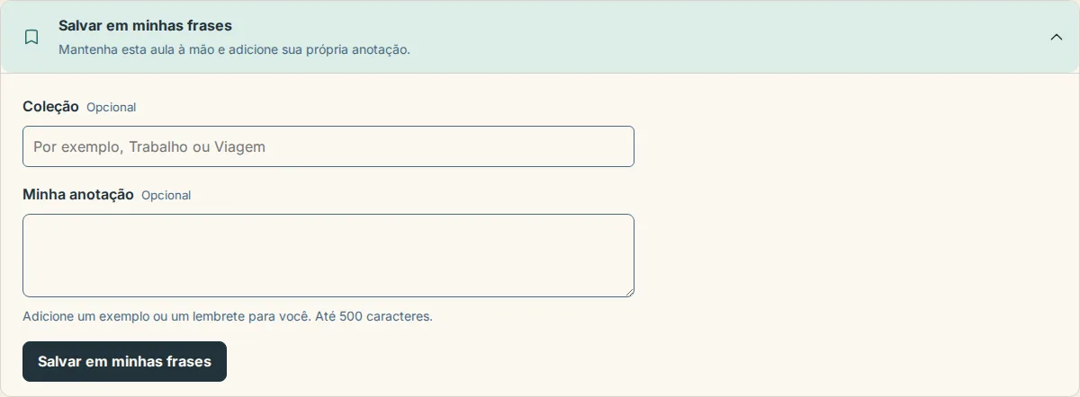 A ferramenta Salvar em minhas frases aberta sob uma aula, com o campo Coleção, a caixa Minha anotação e o botão Salvar em minhas frases